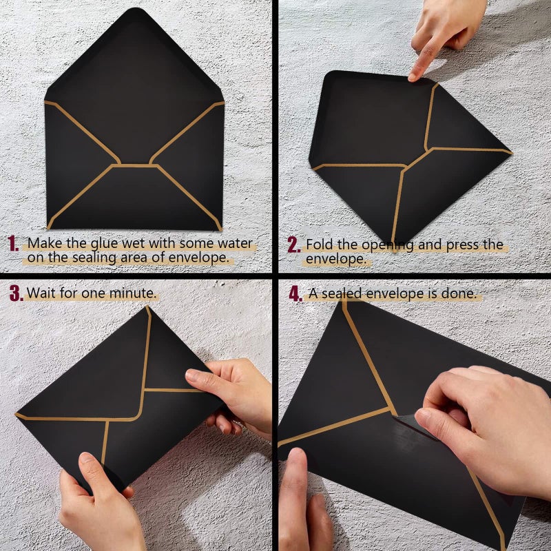 LYHLYA 50 PCS Invitation Envelopes A7 Size, Black Envelopes 5 x 7 Inch V-Flap Mailing Card Envelopes Quick Seal Envelopes with Gold Border for 5x7 Cards, Birthday, Weddings, Graduations, Greeting Cards - Image 5